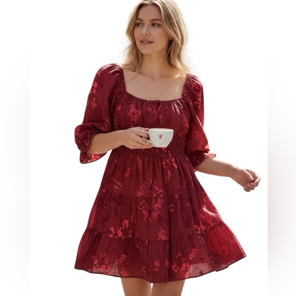 Mary & Mo Women's Tiered Ruffle Wine Red Square Neck Lined Mini Dress Size 2XL